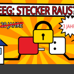 Comic mit Solarhaus und Windrad, dazwischen ein gezogener Stecker mit Vorhängeschloss, 20 Jahre durchgestrichen, 3 Jahre im Stern