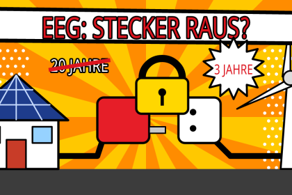 Comic mit Solarhaus und Windrad, dazwischen ein gezogener Stecker mit Vorhängeschloss, 20 Jahre durchgestrichen, 3 Jahre im Stern