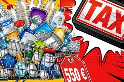 Comic-Illustration: Einkaufswagen voller Plastikverpackungen mit rotem Preisschild 550 Euro, daneben ein riesiger Steuerstempel