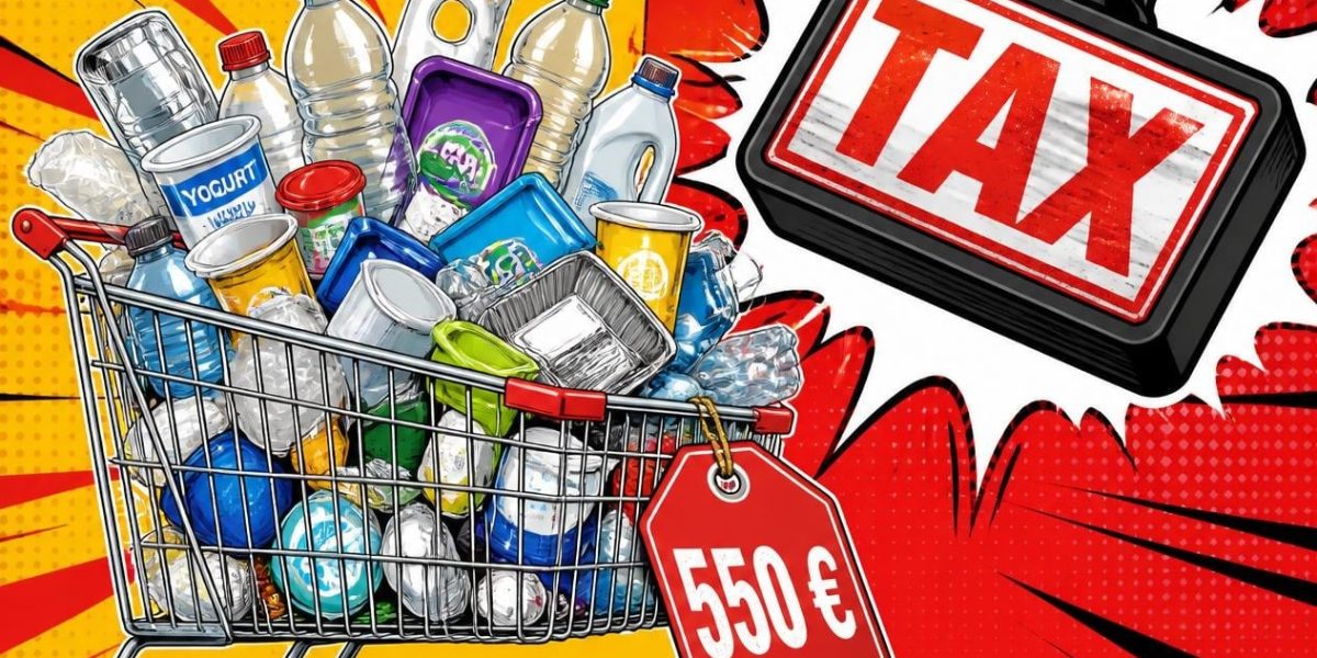 Comic-Illustration: Einkaufswagen voller Plastikverpackungen mit rotem Preisschild 550 Euro, daneben ein riesiger Steuerstempel