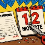 Comic-Illustration: Wohnungsschlüssel, Mietrechnung, ein mit der Schere zerschnittenes Kalenderblatt 12 Monate und ein tickender Wecker