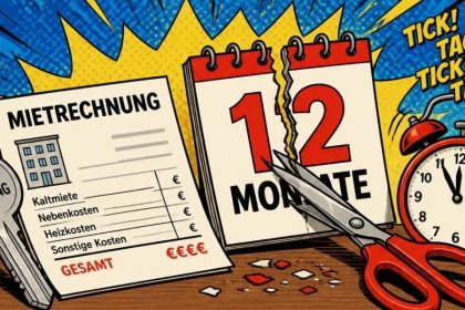 Comic-Illustration: Wohnungsschlüssel, Mietrechnung, ein mit der Schere zerschnittenes Kalenderblatt 12 Monate und ein tickender Wecker