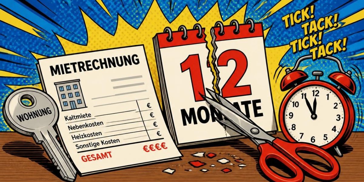Comic-Illustration: Wohnungsschlüssel, Mietrechnung, ein mit der Schere zerschnittenes Kalenderblatt 12 Monate und ein tickender Wecker