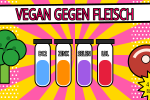 Comic mit Brokkoli, Steak und vier Reagenzgläsern für B12, Zink, Selen und LDL unter der Schlagzeile Vegan gegen Fleisch