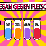 Comic mit Brokkoli, Steak und vier Reagenzgläsern für B12, Zink, Selen und LDL unter der Schlagzeile Vegan gegen Fleisch