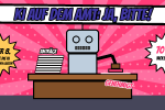 Comic-Illustration: ein Roboter sitzt als Sachbearbeiter am Schreibtisch mit einem Stapel Anträge und einem Stempel Genehmigt. Dazu die Schlagzeile KI auf dem Amt: Ja, bitte! und Sterne mit den Aufschriften Jeder 8. würde die KI entscheiden lassen und 70 % wollen KI.