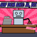 Comic-Illustration: ein Roboter sitzt als Sachbearbeiter am Schreibtisch mit einem Stapel Anträge und einem Stempel Genehmigt. Dazu die Schlagzeile KI auf dem Amt: Ja, bitte! und Sterne mit den Aufschriften Jeder 8. würde die KI entscheiden lassen und 70 % wollen KI.