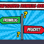 Comic mit einem Wegweiser, ein grünes Schild zeigt nach links auf Freiwillig, ein rotes Schild nach rechts auf Pflicht, daneben ein Stern mit Rechtsanspruch auf Dienst und ein Stern mit 676 Euro Taschengeld maximal