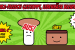 Comic mit einem traurigen Kräuterseitling-Pilz mit rotem Stempel AUS und einem lächelnden Leberkäse mit dem Wort Läuft, daneben Sterne mit 50 Millionen Euro in Pilze gesteckt und minus 1,2 Prozent Fleischersatz 2025