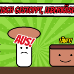 Comic mit einem traurigen Kräuterseitling-Pilz mit rotem Stempel AUS und einem lächelnden Leberkäse mit dem Wort Läuft, daneben Sterne mit 50 Millionen Euro in Pilze gesteckt und minus 1,2 Prozent Fleischersatz 2025