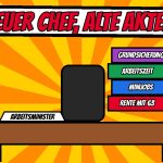 Comic mit leerem Schreibtisch und Namensschild Arbeitsminister, daneben ein Aktenstapel mit Rente mit 63, Minijobs, Arbeitszeit und Grundsicherung, links eine Ernennungsurkunde