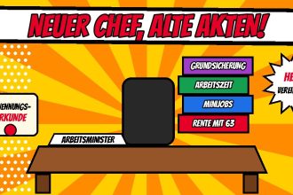 Comic mit leerem Schreibtisch und Namensschild Arbeitsminister, daneben ein Aktenstapel mit Rente mit 63, Minijobs, Arbeitszeit und Grundsicherung, links eine Ernennungsurkunde