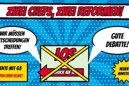 Comic mit einem durchgestrichenen Los-Feld mit Pfeil Zurück auf Los, zwei Sprechblasen mit Wir müssen Entscheidungen treffen und Gute Debatte, eine gelbe Akte Rente mit 63
