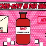 Comic mit roter Limoflasche mit Etikett 5 g Zucker pro 100 ml, Zuckerwürfeln, einem Brief an Merz von 9 Unionsministern, einem Stempel Nein danke und einem Stern mit 26 bis 38 Cent pro Liter