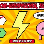 Comic mit Blitz, durchgestrichenem Preisschild 2,05 Cent und grünem Preisschild 0,1 Cent pro Kilowattstunde, leerem Sparschwein Haushalt mit Sprechblase Finanziert und Banner rund 90 Euro im Jahr