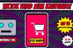 Comic mit großem Smartphone mit Einkaufswagen und Knopf Jetzt kaufen, links ein Roboterkopf mit Banner KI-Werbung nee, rechts Sterne mit 60 Prozent kaufen nach Werbung und 70 Prozent genervt