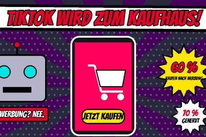 Comic mit großem Smartphone mit Einkaufswagen und Knopf Jetzt kaufen, links ein Roboterkopf mit Banner KI-Werbung nee, rechts Sterne mit 60 Prozent kaufen nach Werbung und 70 Prozent genervt