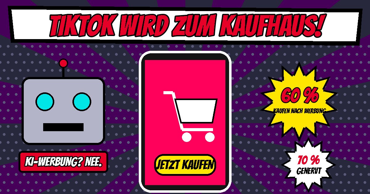 Comic mit großem Smartphone mit Einkaufswagen und Knopf Jetzt kaufen, links ein Roboterkopf mit Banner KI-Werbung nee, rechts Sterne mit 60 Prozent kaufen nach Werbung und 70 Prozent genervt