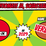 Comic mit einer roten Tomate mit Schild Fleisch: OK, in der Mitte ein Stern mit ab 2029, rechts ein brauner Steakumriss mit dem Stempel VERBOTEN unter der Zeile Name Sojasteak