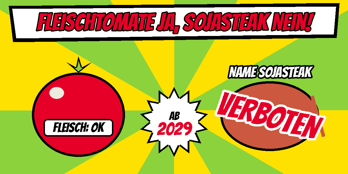 Comic mit einer roten Tomate mit Schild Fleisch: OK, in der Mitte ein Stern mit ab 2029, rechts ein brauner Steakumriss mit dem Stempel VERBOTEN unter der Zeile Name Sojasteak